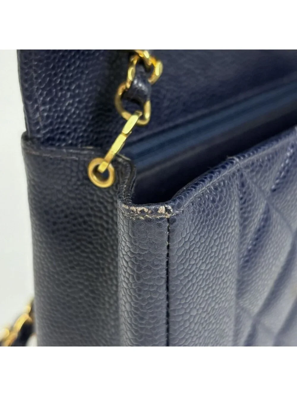 Chanel Diana Quilted Shoulder Bag CC Logo Single Flap Caviar Leather Navy